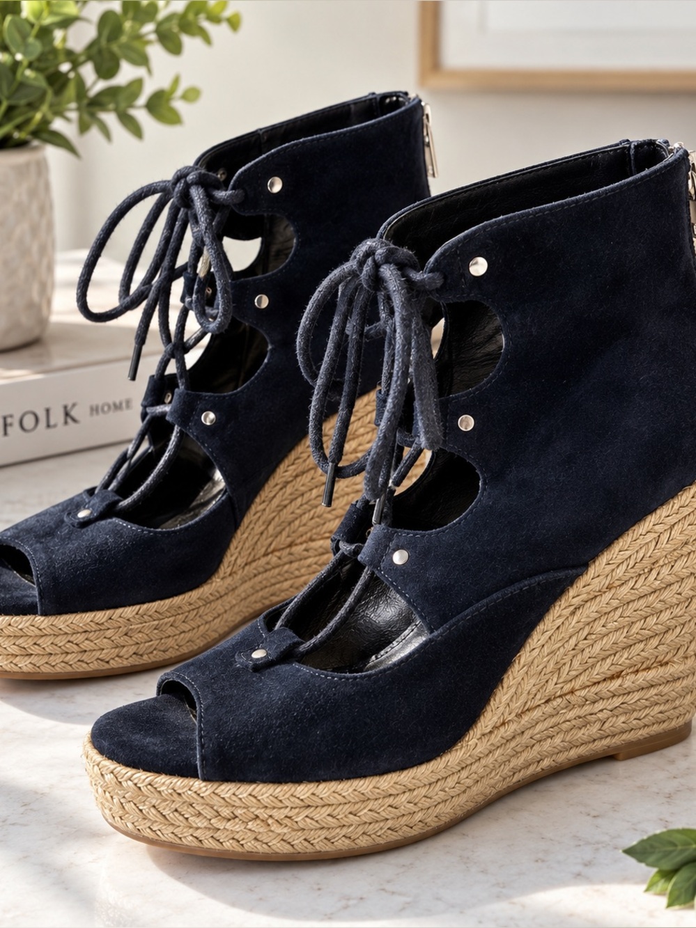 Vince Camuto Navy Suede Lace-Up Espadrille Wedge Sandals 9